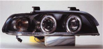 Фара левая+правая (комплект) тюнинг с светящимся ободком с регулирующим мотором внутри черная